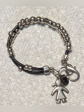 Silver Beaded Leather Bracelet with Girl Charm